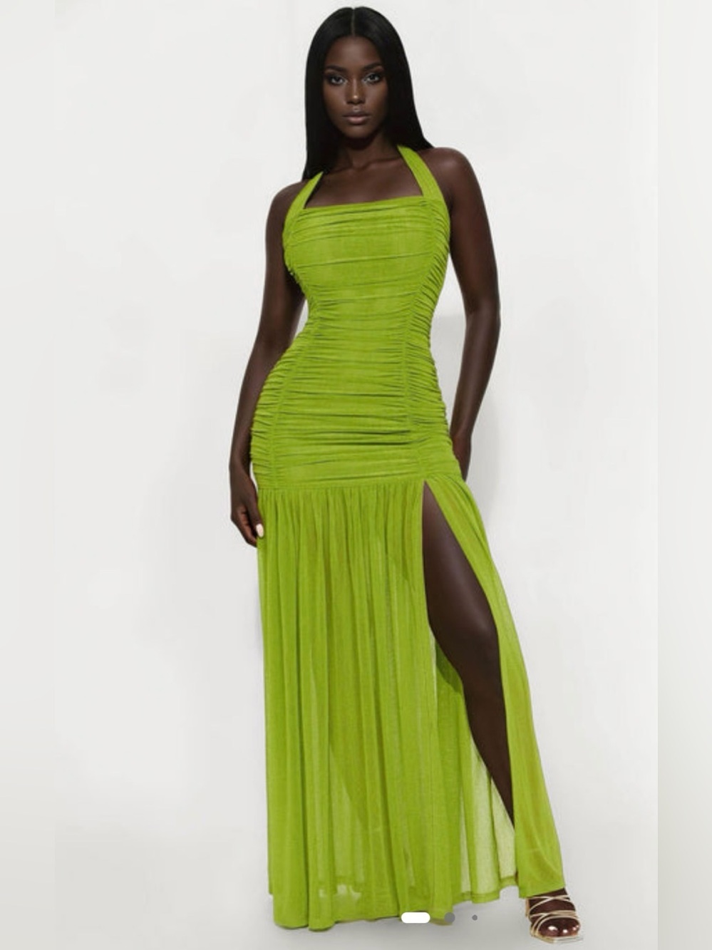 Green Halter Ruched Maxi Dress with High Slit